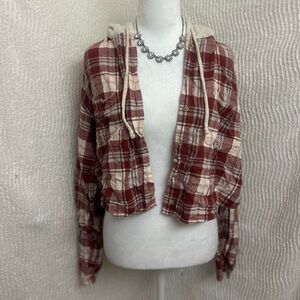 American Eagle Crop Flannel Hoodie Size Medium Maroon Grey Distressed Style